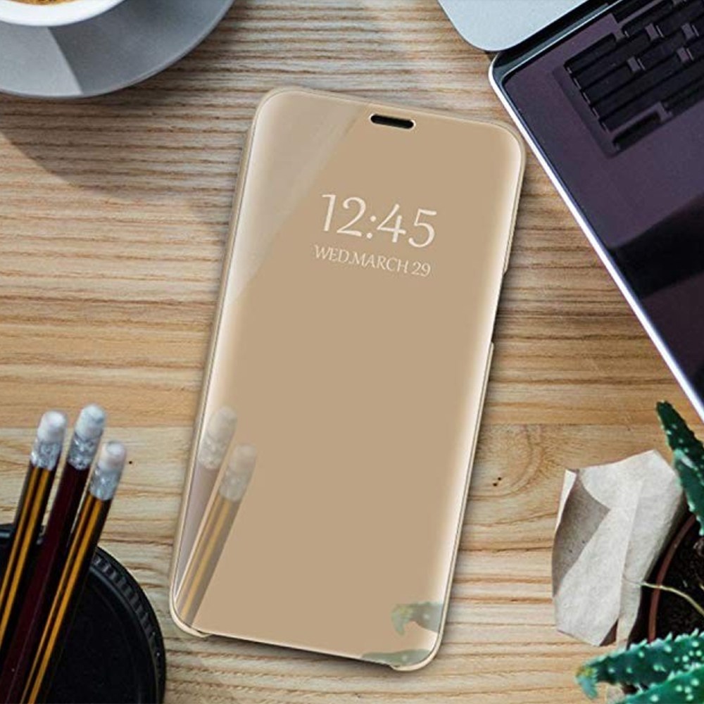 Huawei Honor Play 8A oldalra nyíló flipes bőrtok Smart Clear View arany