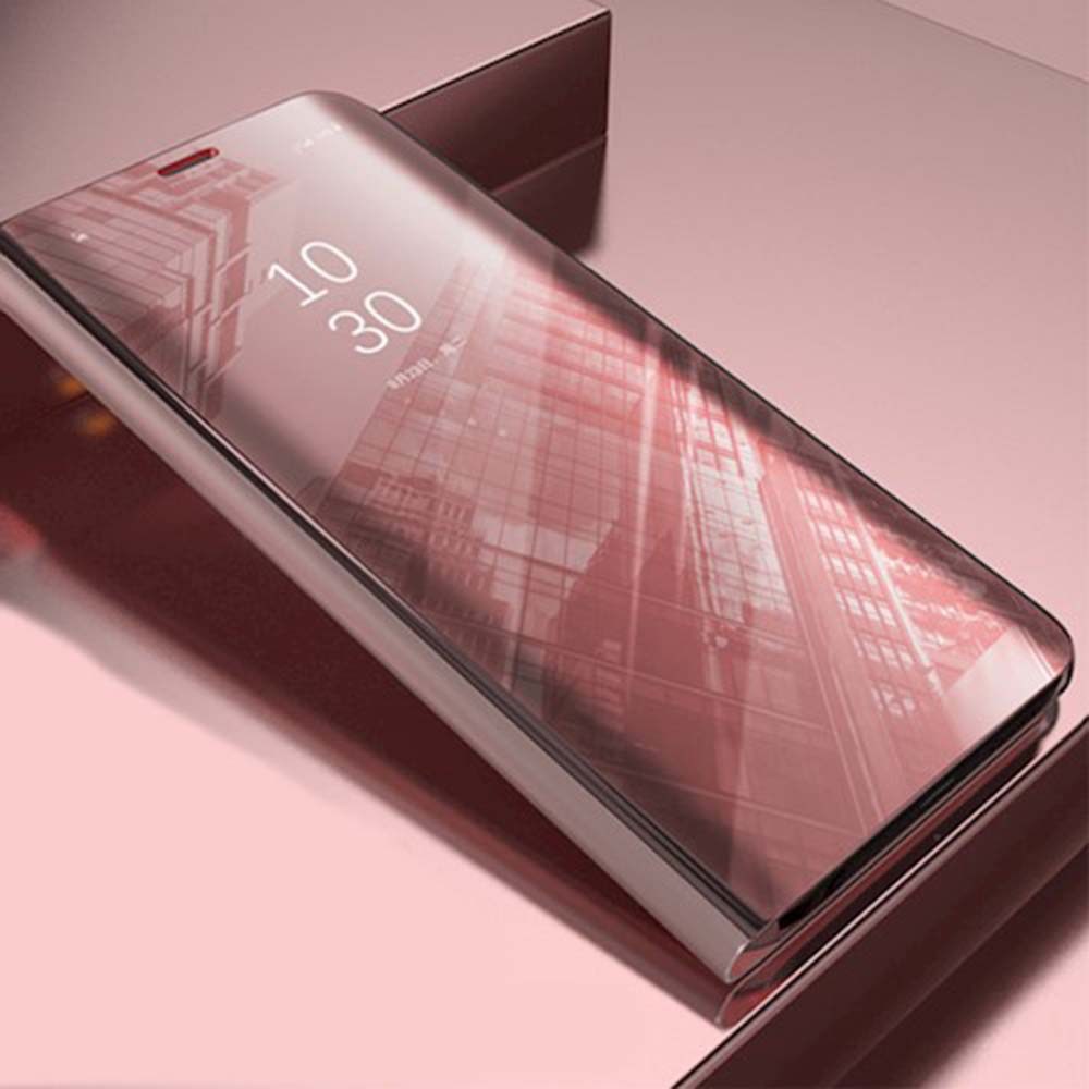 Huawei P40 Lite E oldalra nyíló flipes bőrtok Smart Clear View rozéarany