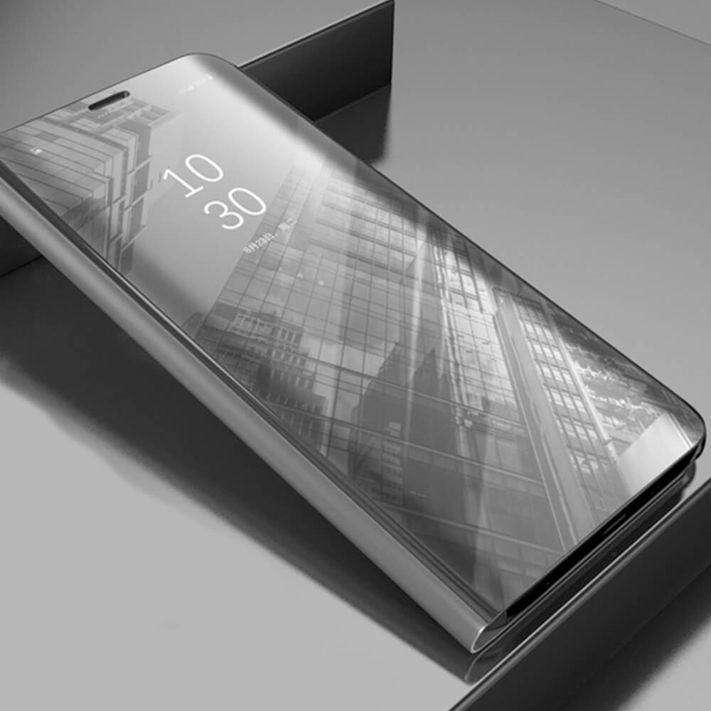 Huawei Y7 2019 oldalra nyíló flipes bőrtok Smart Clear View ezüst