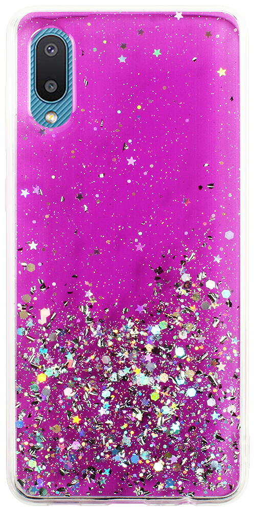 Samsung Galaxy M02 (SM-M022F) kemény hátlap szilikon kerettel flitteres átlátszó lila