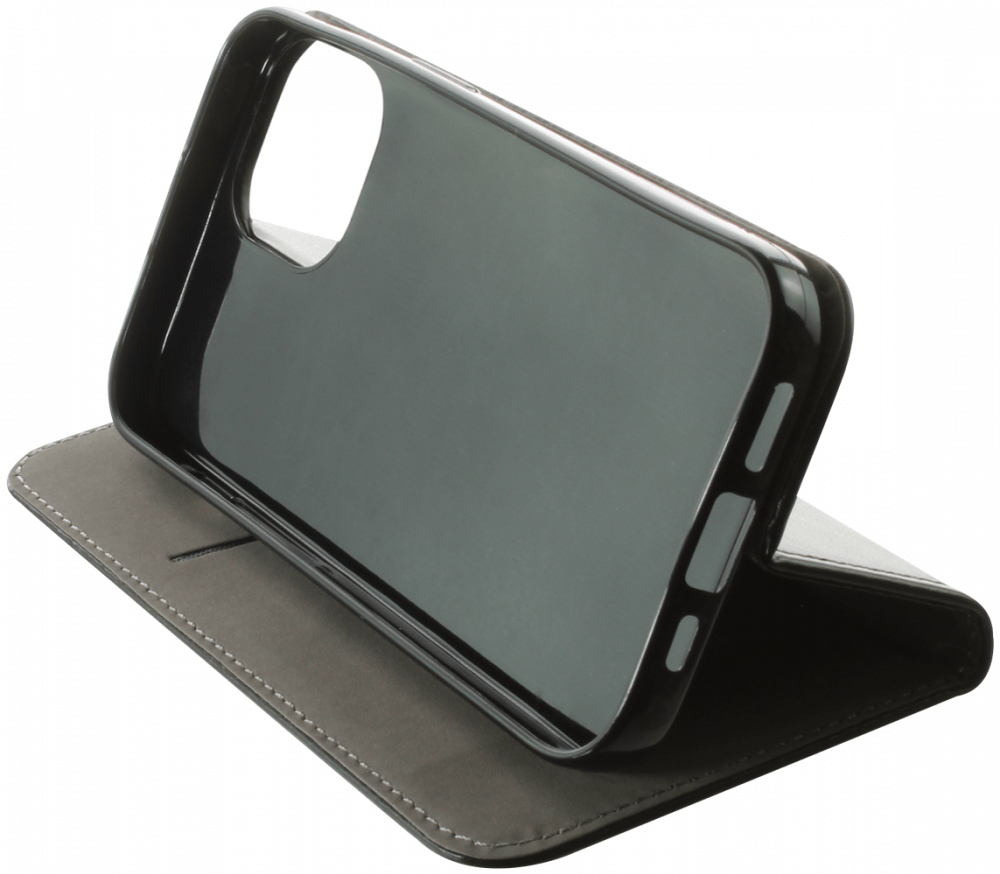 Apple iPhone 15 oldalra nyíló flipes bőrtok asztali tartó funkciós fekete