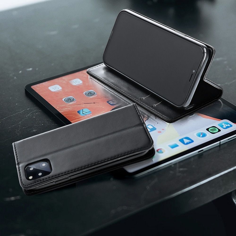 Apple iPhone 15 oldalra nyíló flipes bőrtok asztali tartó funkciós fekete